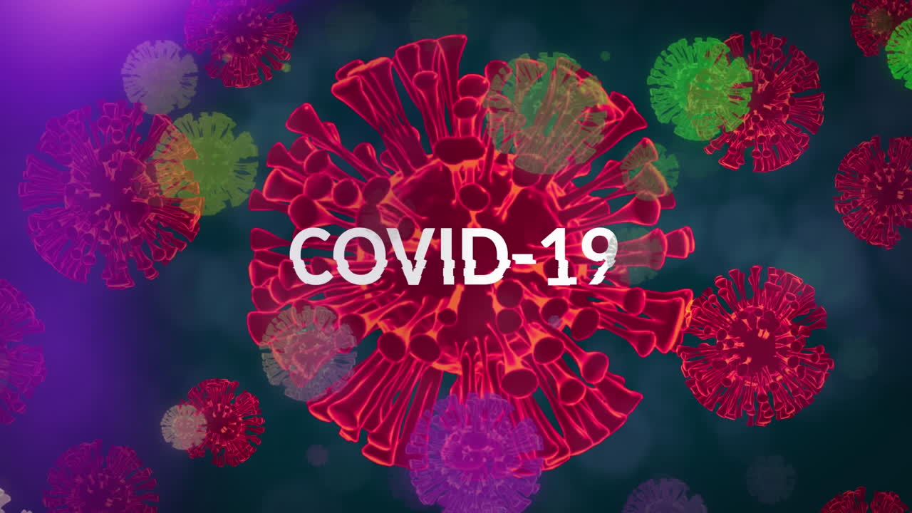 Yüzen koronavirüs hücrelerinin üzerinde "Covid19" kelimesinin animasyonu