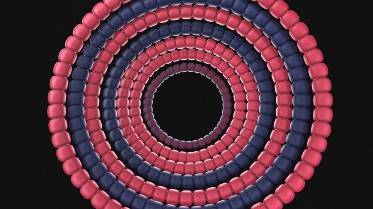 Frame sequence driving concentric beads tightening into navy-pink bands on black for motion design