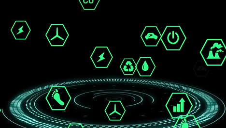 animation of ecology icons over scope scanning on black background