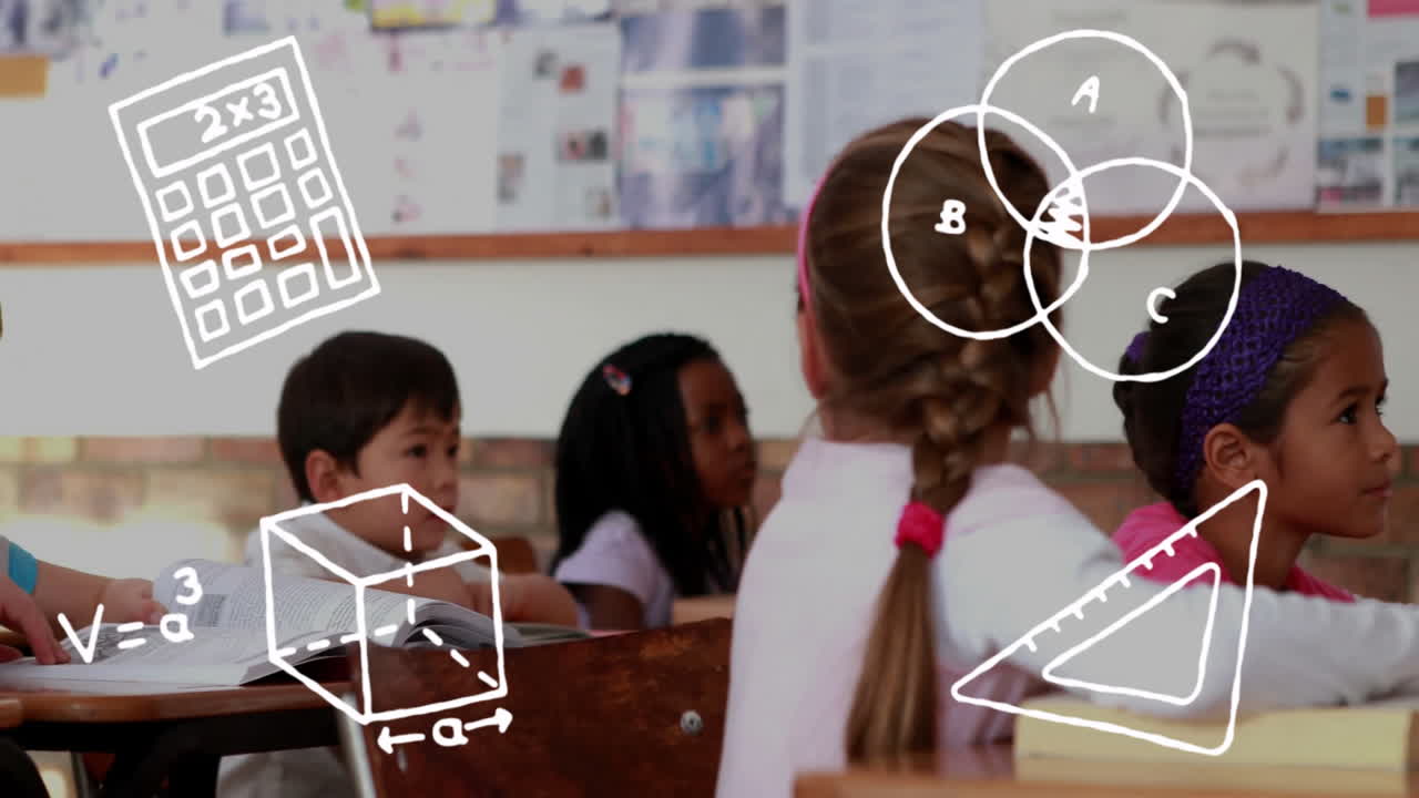 animación de iconos de artículos escolares sobre diversos escolares en el aula