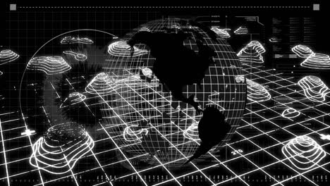 monochrome animation of globe rotating over interface with data processing and topographical chart