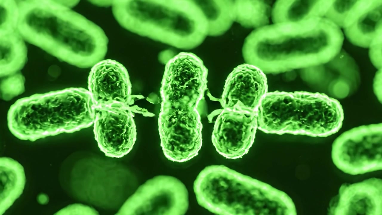 Vista microscopica di batteri fluorescenti: immagine accattivante che mostra i dettagli luminosi dei microrganismi in condizioni di illuminazione speciali