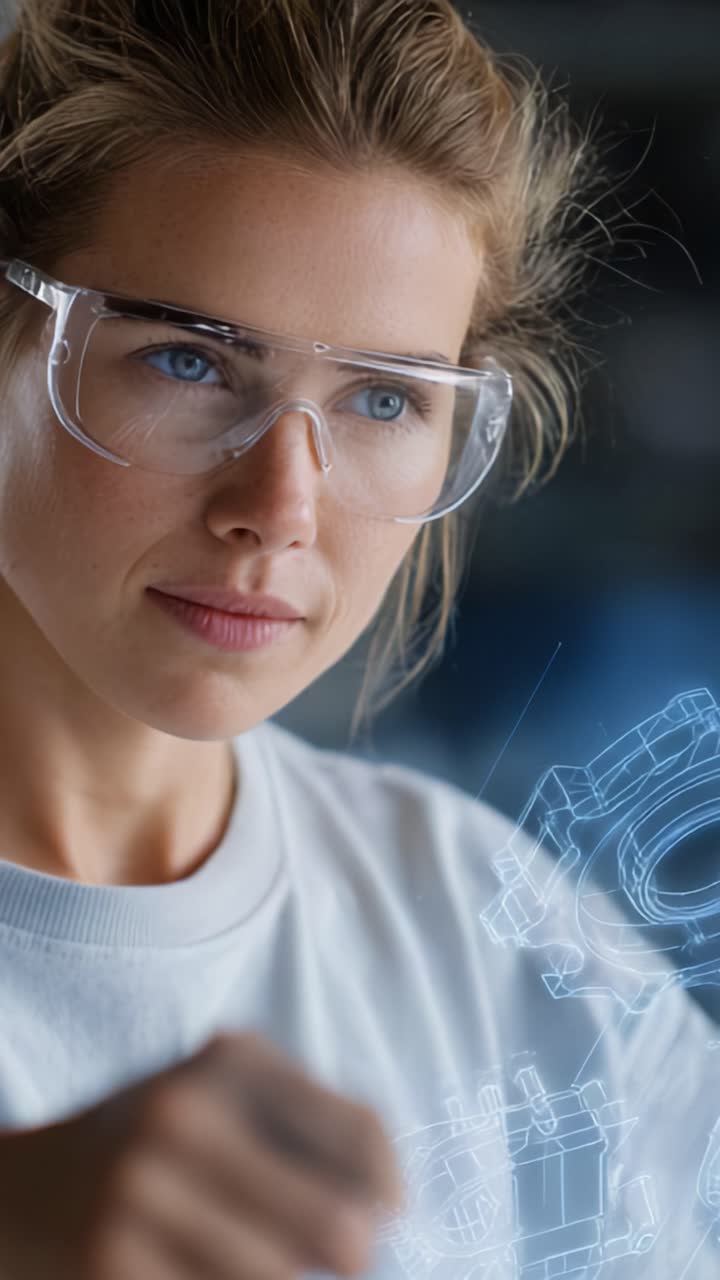 Fokuseret kvindelig ingeniør med sikkerhedsbriller og digital teknologi samt mekaniske designs, der viser ekspertise og innovation inden for ingeniørvidenskab