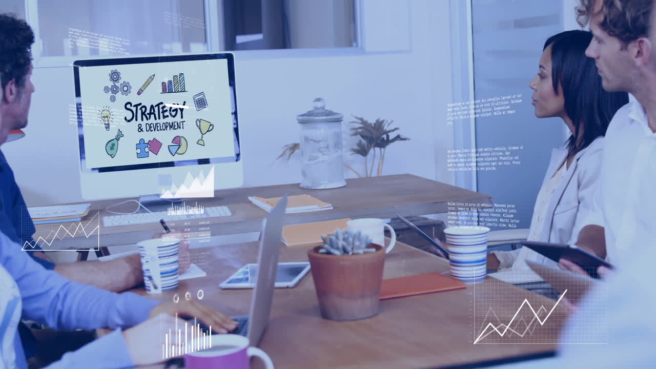 사무실에서 다양한 사업가들에 대한 금융 데이터 처리의 활성화