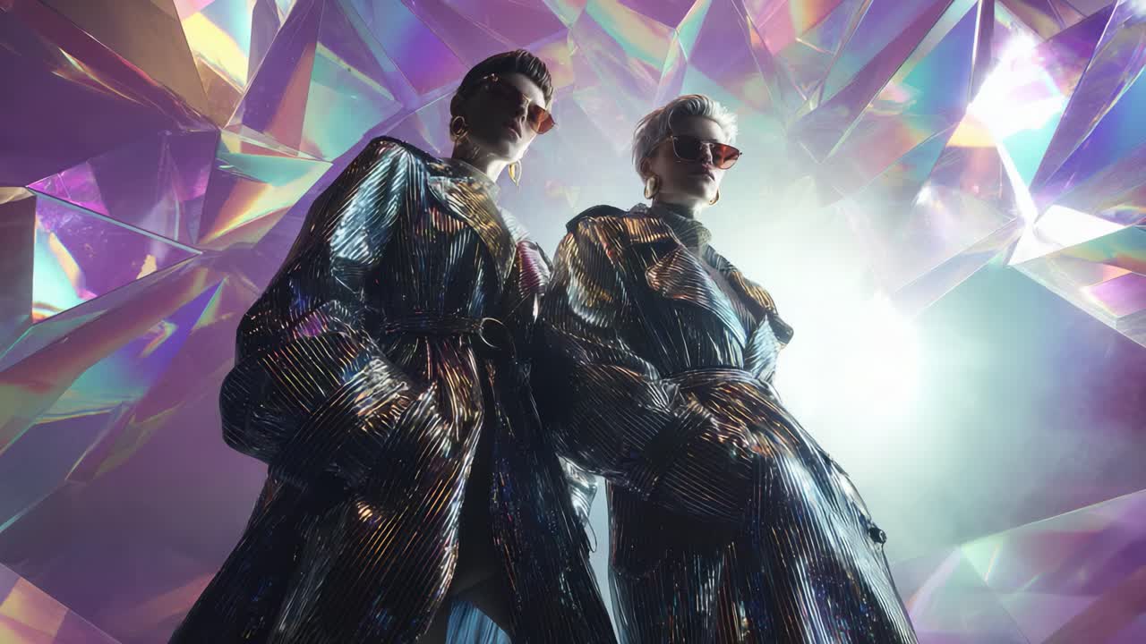 Una straordinaria dimostrazione di moda futuristica: due modelli con cappotti metallizzati e occhiali da sole unici posano in modo drammatico sullo sfondo affascinante di cristalli iridescenti e giochi di luce vivaci