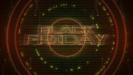 texto de animación viernes negro y fondo de animación cyberpunk con números de matriz de computadora y círculos