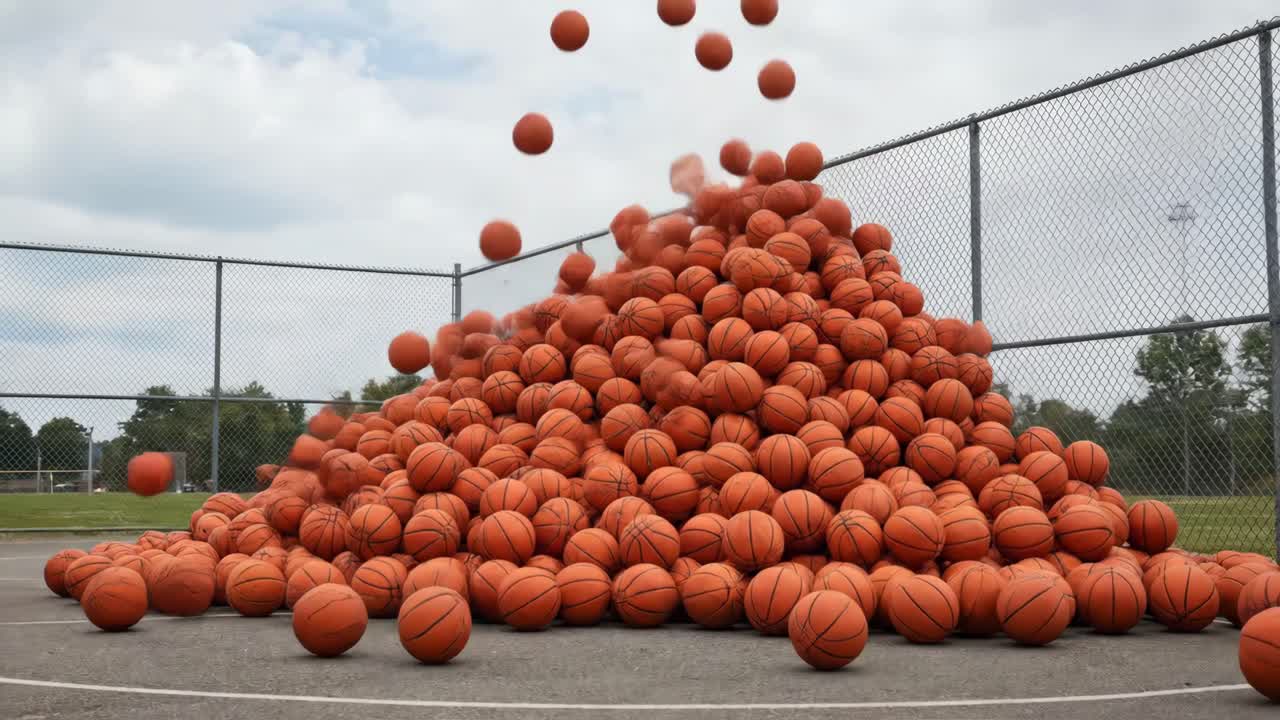 Numerose palle da basket che cadono e si accumulano su un campo da basket all'aperto