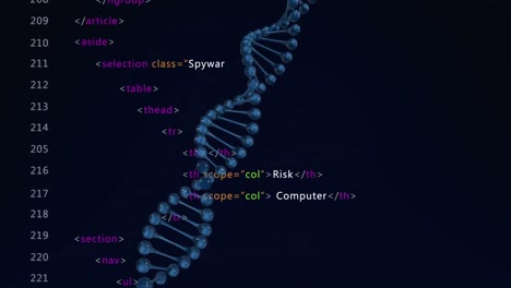 Animation-of-dna-strand-and-data-processing-over-black-background