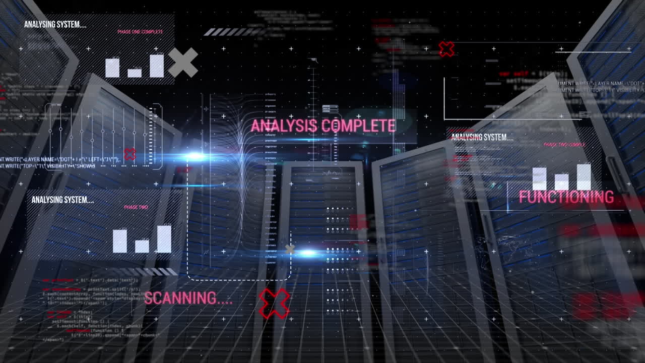 Animation of data processing and diagrams over server room