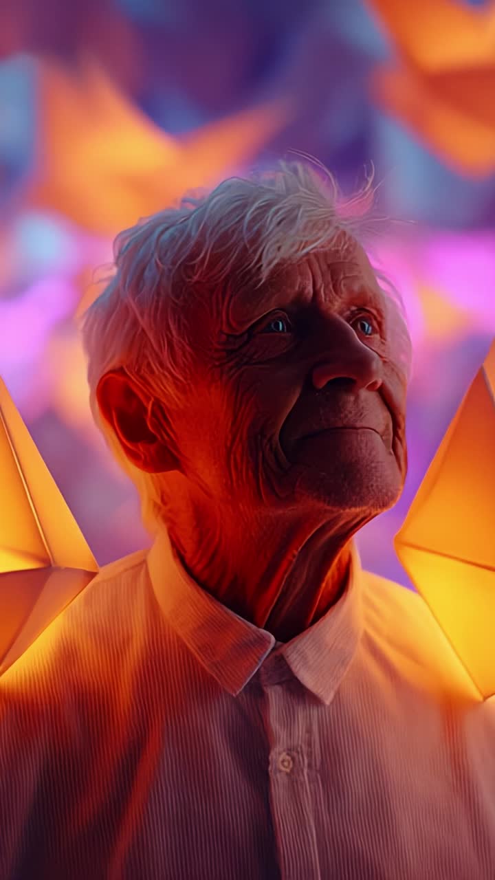 A contemplative elderly man gazes upwards, surrounded by vibrant colors and glowing lanterns, evoking a sense of wonder and reflection in a captivating atmosphere