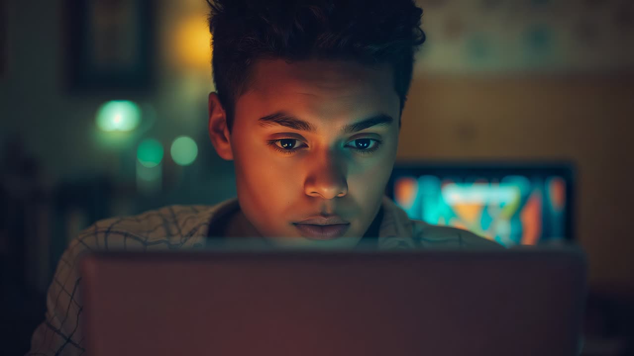 Leaning man in plaid focusing on laptop glow at home, blinking closing eyes from eye strain