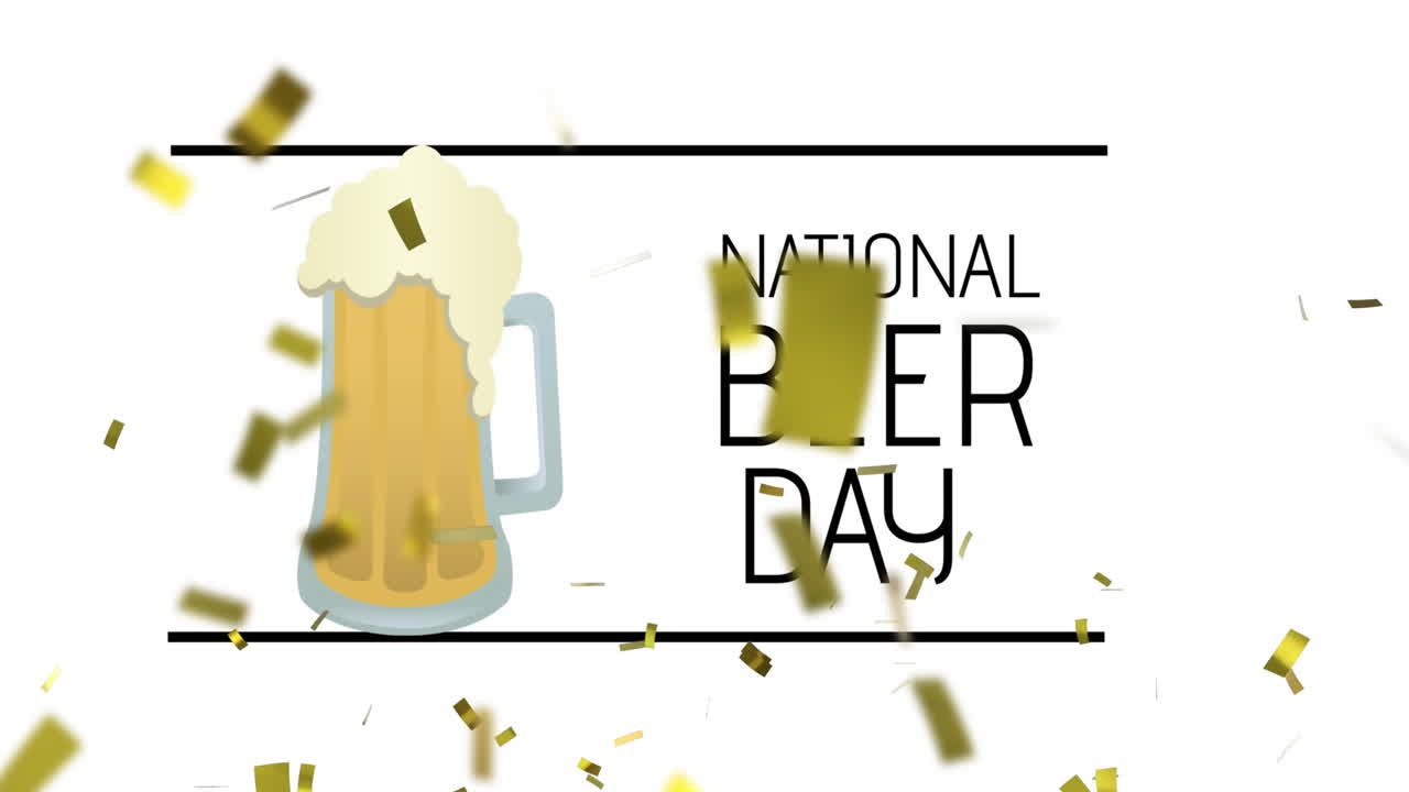 컨페티와 맥주 아이콘 위에 있는 국가 맥주 날 텍스트의 애니메이션