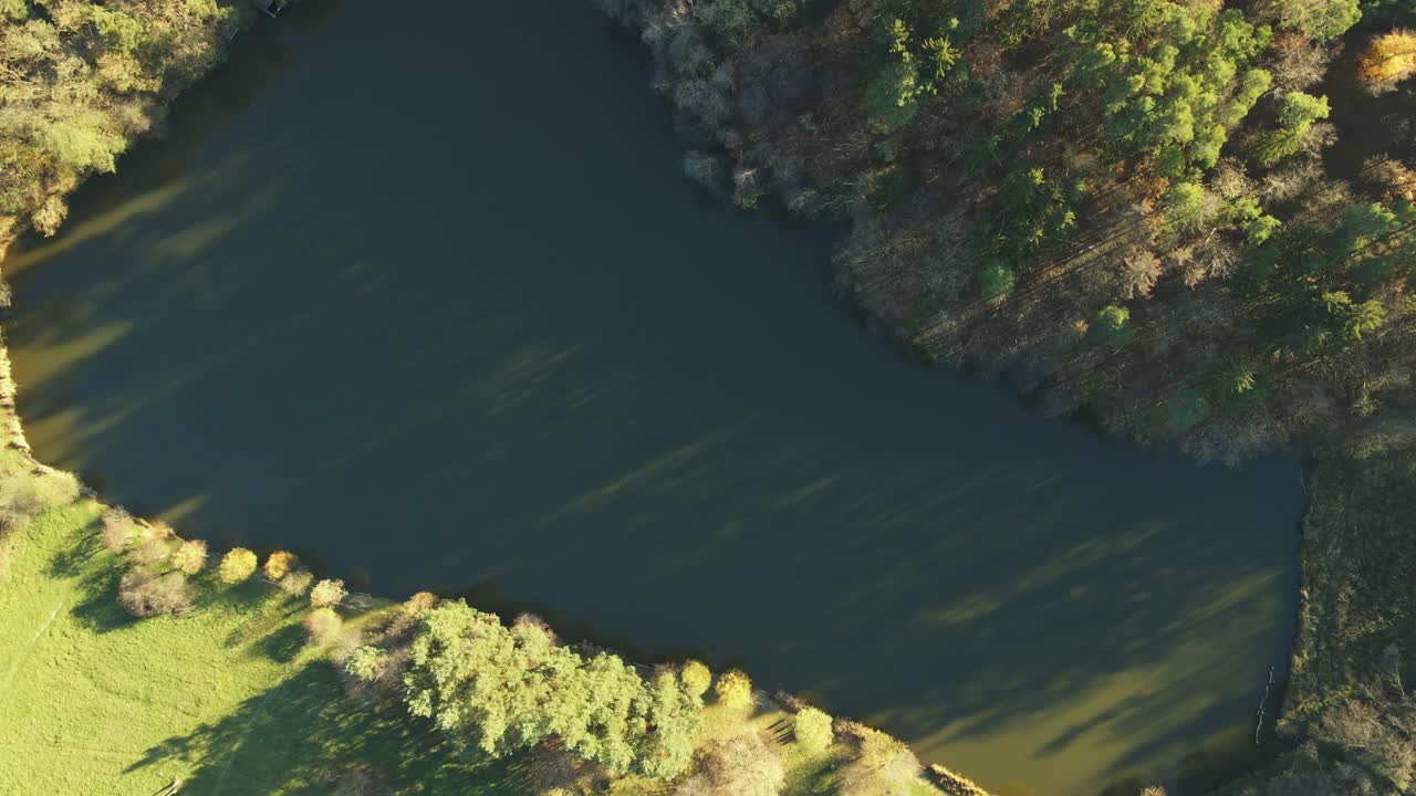 A scenic aerial video of a calm forest lake surrounded by lush greenery. The sunlight casts long shadows of trees onto the water, creating a peaceful and picturesque natural landscape.