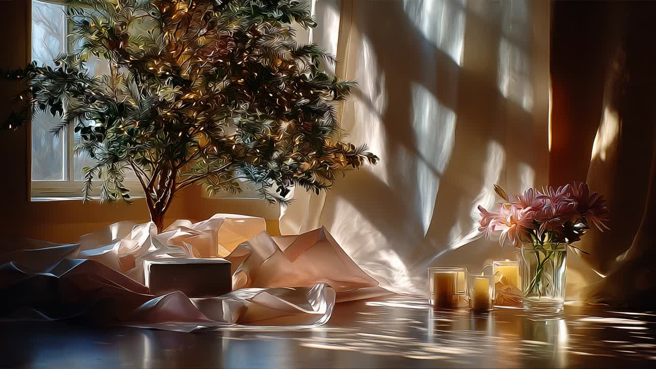 An Elegant Still Life: A Beautiful Arrangement of Soft Drapes, a Lush Tree, Delicate Flowers, and Softly Glowing Candles in a Serene Setting, Capturing the Dance of Light and Shadow
