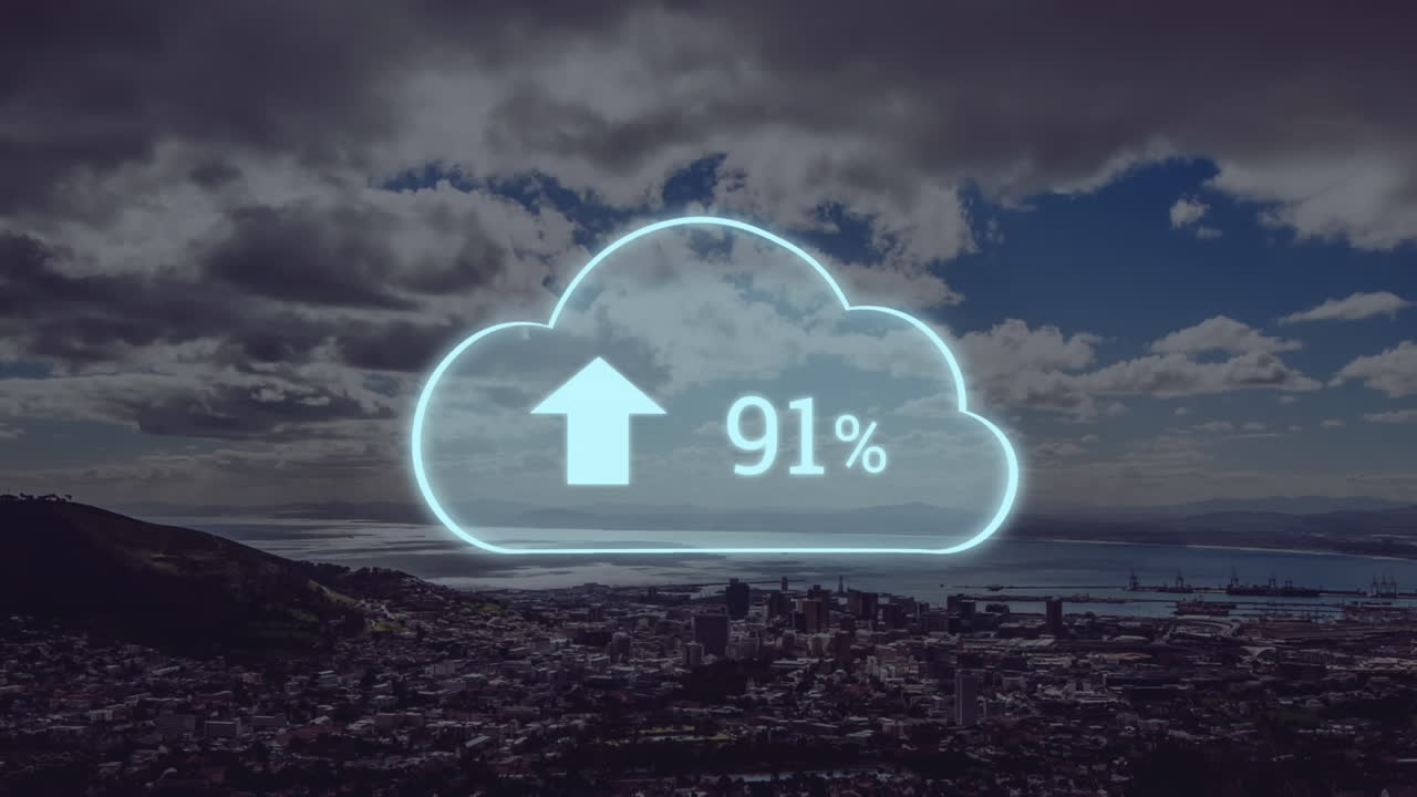animación del icono de la nube con el porcentaje y la ciudad en el fondo