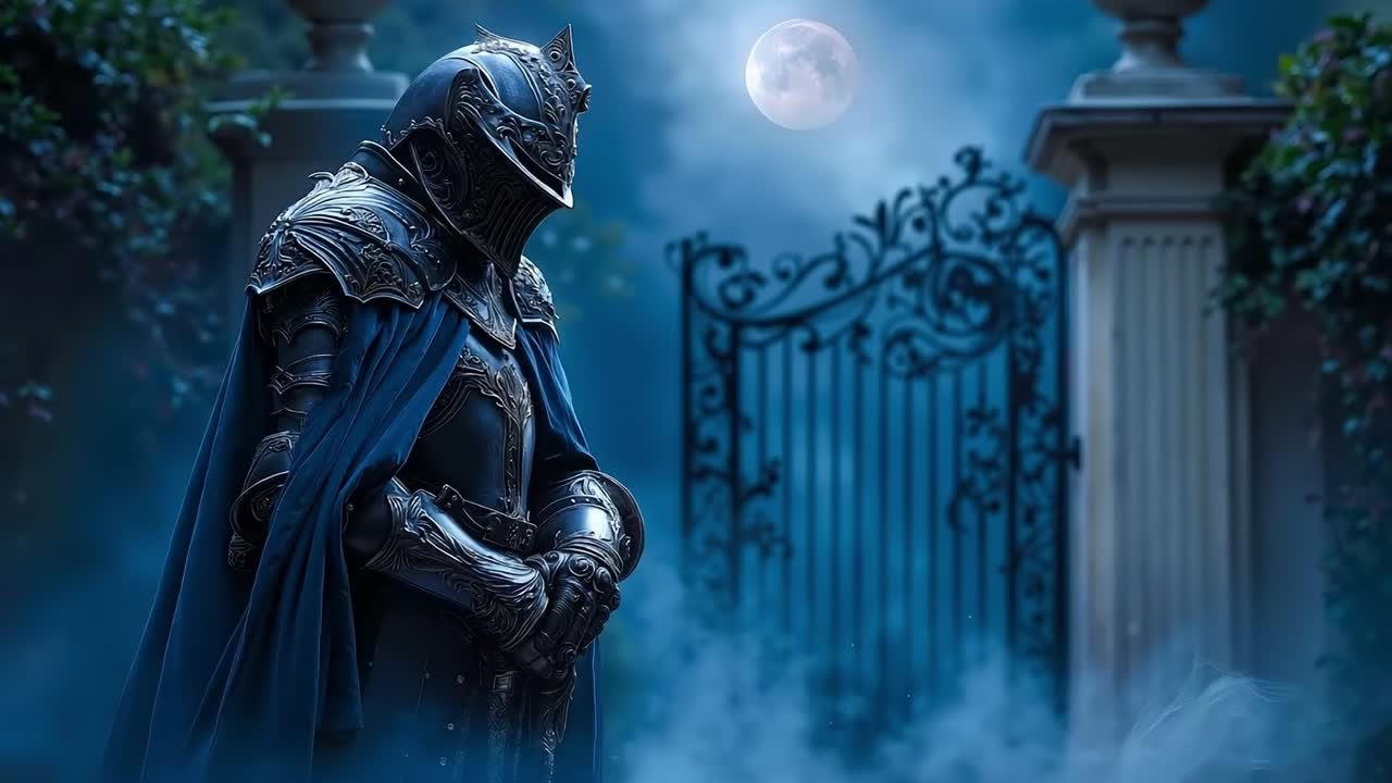 A man in armor standing in front of a gate with a full moon in the background