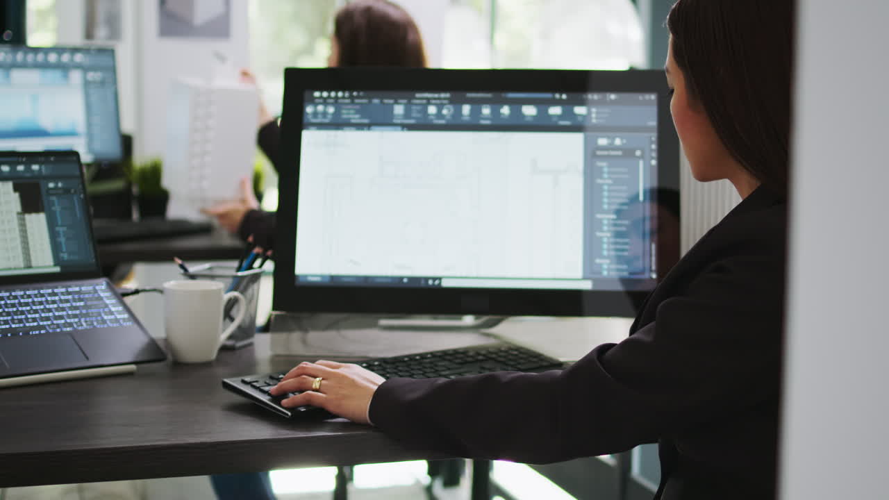 엔지니어링 디자이너는 건축 블루프린트 계획을 조사합니다.