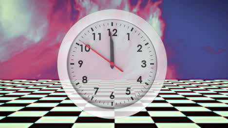 reloj analógico blanco que muestra 12 sobre borrón colorido con cuadrados de tablero de ajedrez en movimiento debajo
