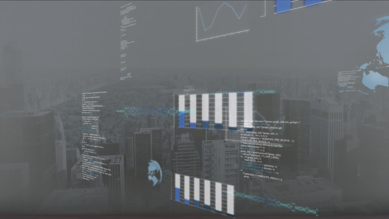 Animation of financial analysis with graphs and data charts overlaying cityscape