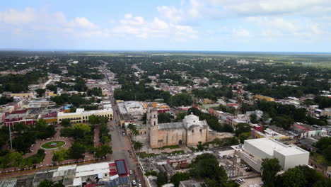 Aerial-lateral-view-of-church-in-Valladolid-Yucatan-Mexico