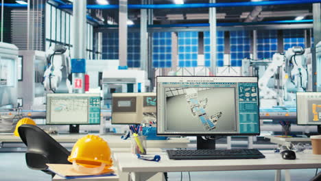 simulation software on computer monitor in empty solar panels plant