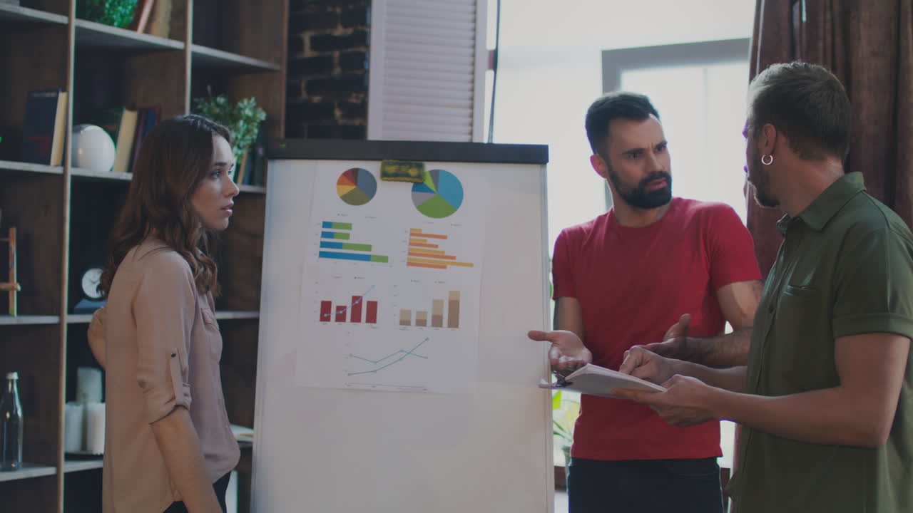 equipo de ventas discutiendo el plan de marketing en la pizarra en la oficina. equipo de lluvia de ideas