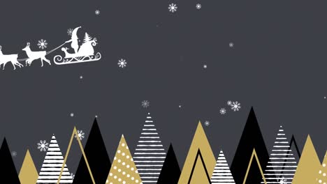 Papá-Noel-En-Trineo-Tirado-Por-Renos-Contra-Iconos-De-árboles-De-Navidad-Sobre-Fondo-Gris