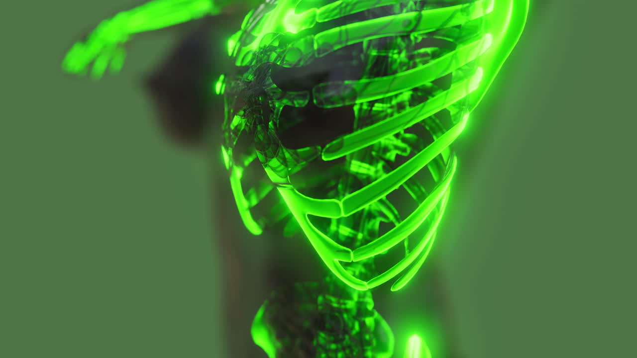 exploración de la anatomía del esqueleto humano con visualización luminosa