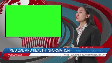side view of live news studio with asian professional female anchor and green screen television reporting on the events of the day