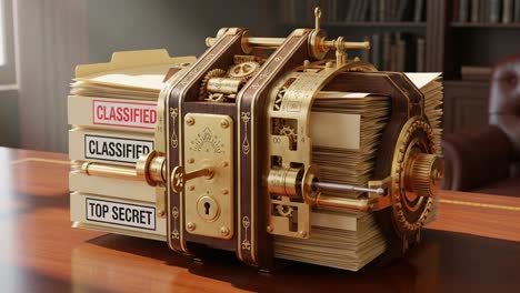 intricate mechanical device holding classified documents shrouded in mystery, displaying top secret labels and elaborate gearwork, captured in two distinct frames