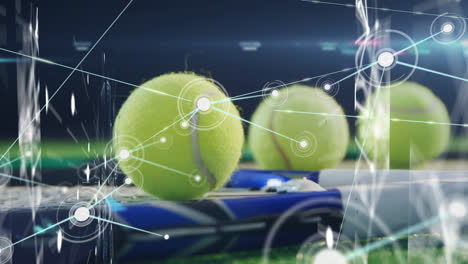 animation of network of connections with icons over tennis racket and balls