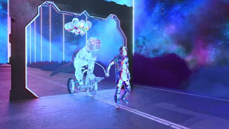 astronaut and dinosaur ride through a futuristic portal