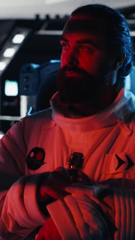 vertical video portrait of smiling astronaut holding protection helmet