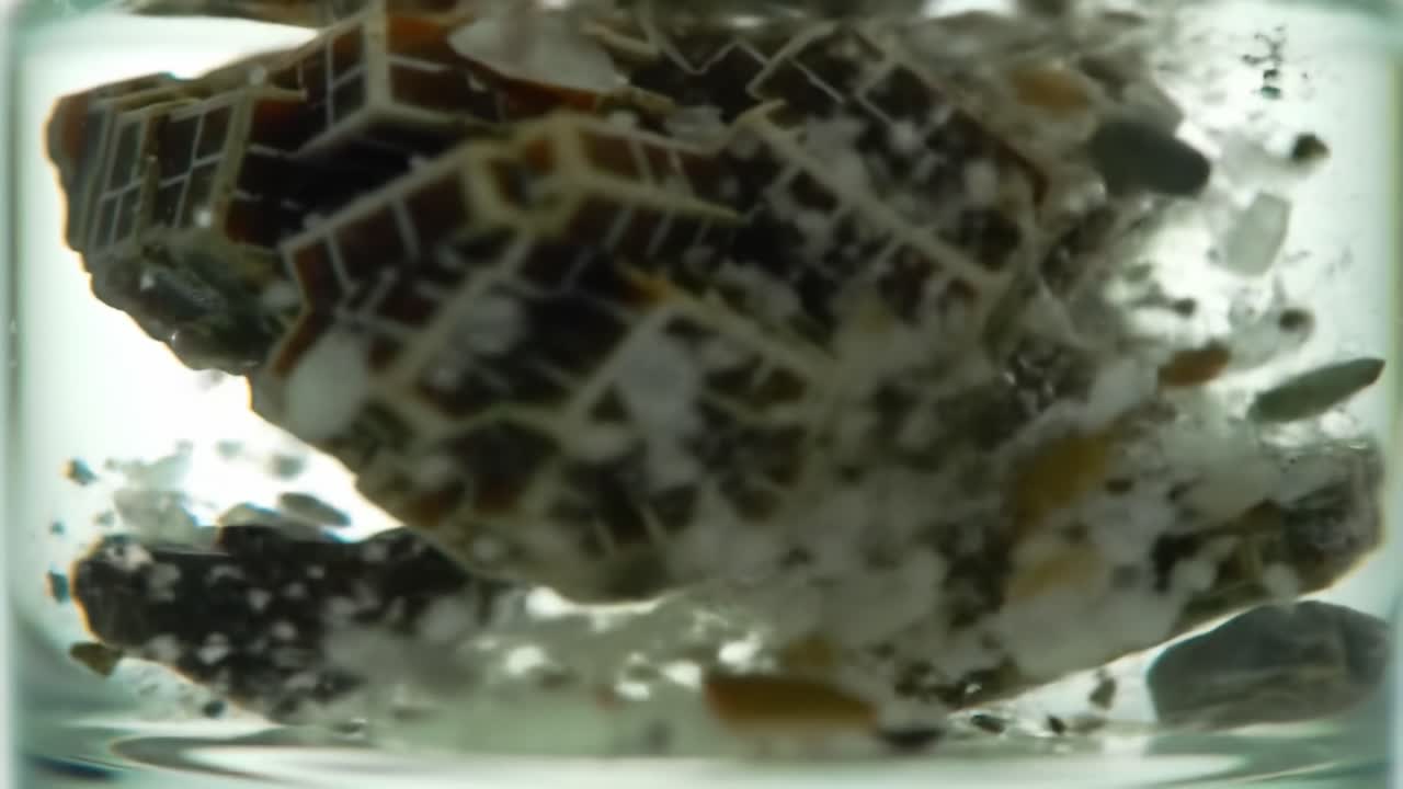 Exploring the Transformation of Solids in Liquid: A Visual Journey from Immersion to Dissolution in a Crystal-Laden Environment