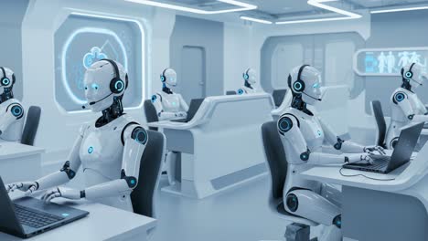 a futuristic workspace filled with advanced robots utilizing technology in a high-tech environment, showcasing collaboration and communication among digital assistants