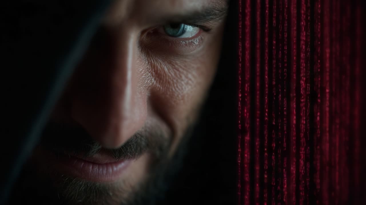 A Mysterious Figure Peering from the Shadows, Enveloped in Dark Fabric and Illuminated by Lines of Code, Exuding an Aura of Secrets and Intrigue