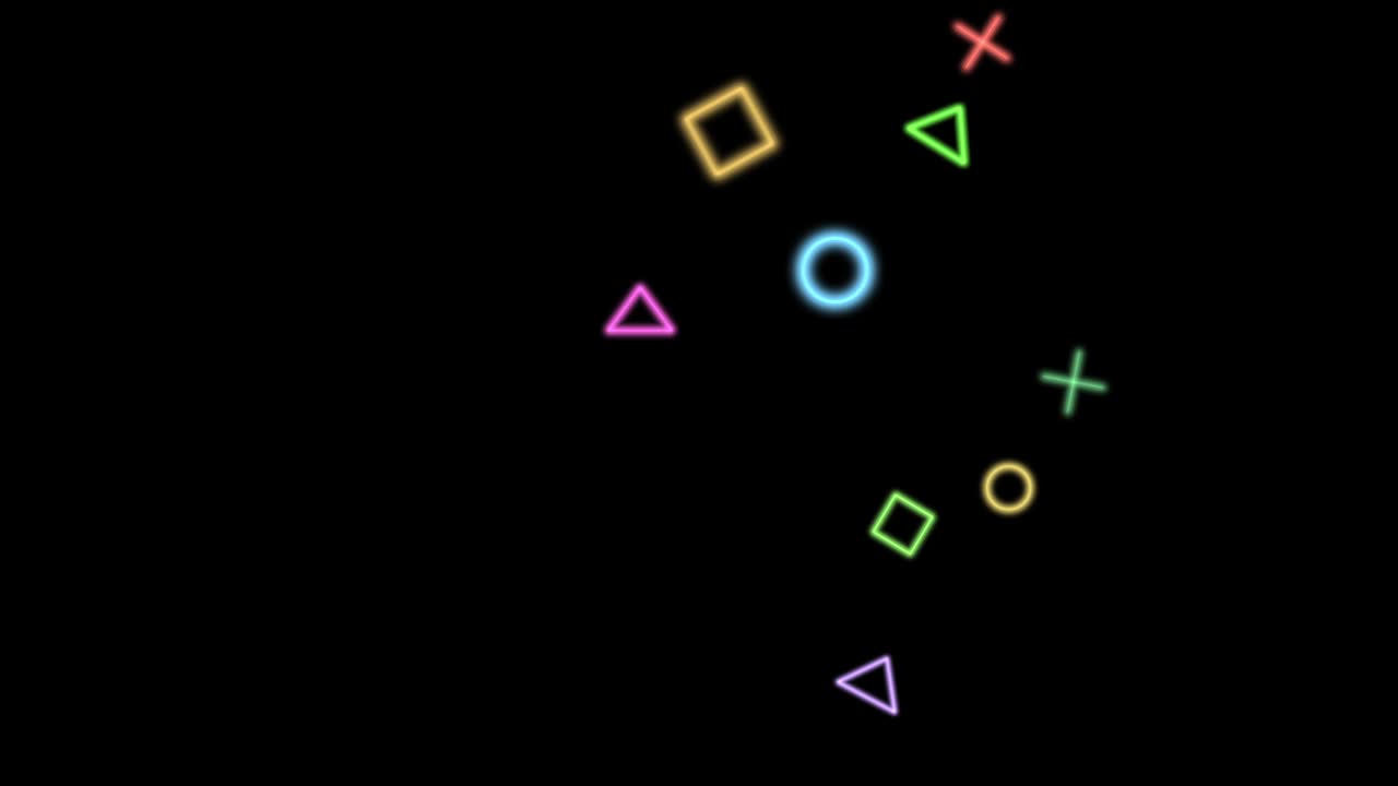 gráficos en movimiento, multicolores, círculo de color neón, cuadrado, triángulo, cruces, flotando hacia arriba.