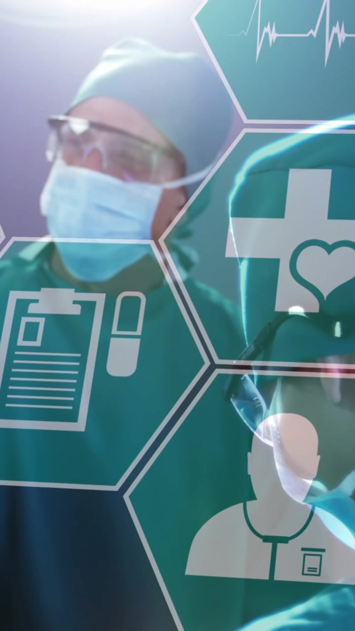 Animazione di icone mediche su un gruppo eterogeneo di medici in sala operatoria.