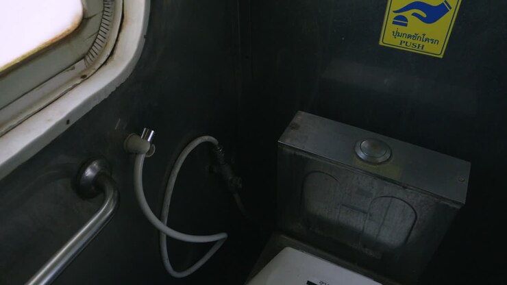 Handheld shot of train toilet in a Thailand's Eastern Line train from Bangkok to Ban Klong Luk during the day in Thailand