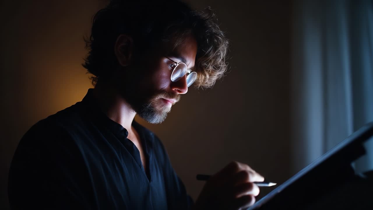 Artista concentrato che crea opere d'arte in condizioni di scarsa illuminazione, catturando l'intensità della creatività e della passione in un ambiente di studio tranquillo con profondità e ombre