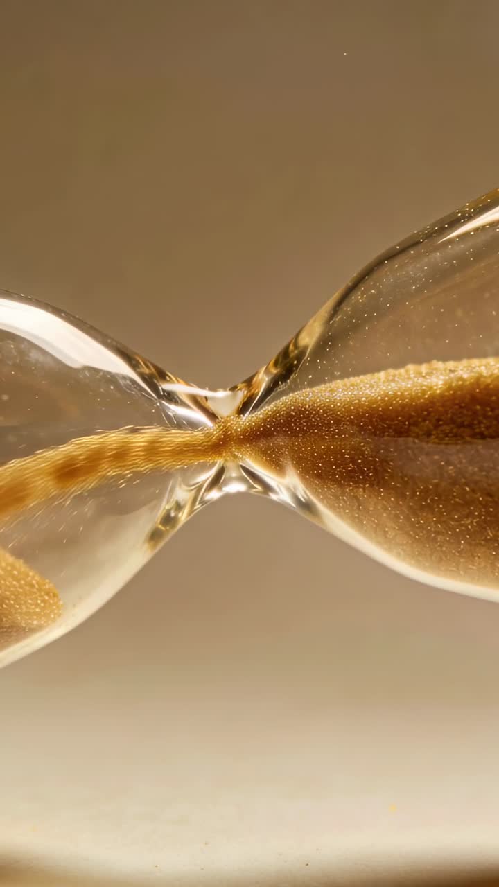 Vertical video: Pouring golden sand through neck, gravity pulling, hourglass at table, marking time