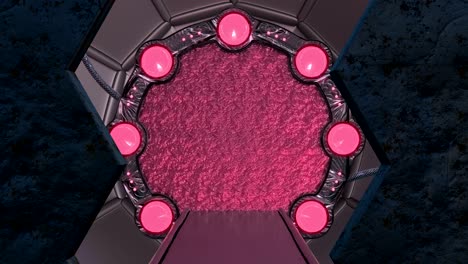 iron rusty hatch opens panoramic view to the spaceship landscape scene. 3d abstract background of sci-fi corridor with portal. futuristic technology abstract vj for tech titles and background.