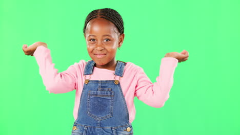 Little-girl,-face-and-doubt-with-smile-on-green