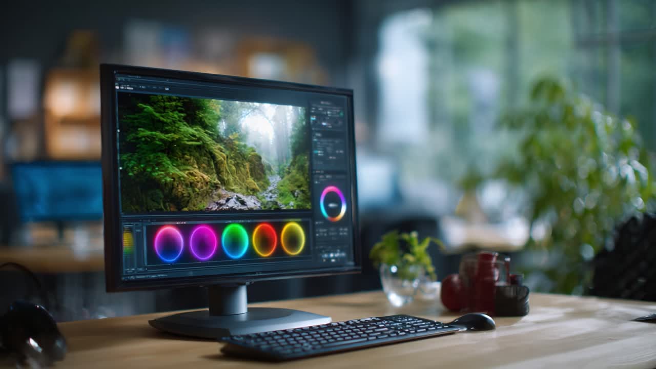 A modern workspace featuring a vibrant computer screen showcasing a picturesque nature scene with an array of colorful editing tools for creative projects