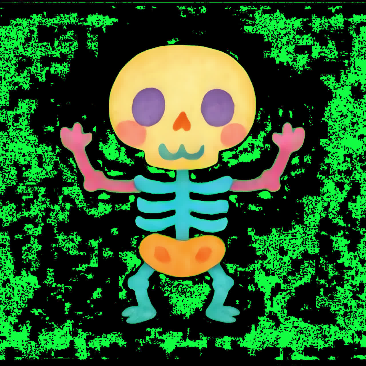 Scheletro a cartone animato carino e colorato che balla con sfondo effetto glitch