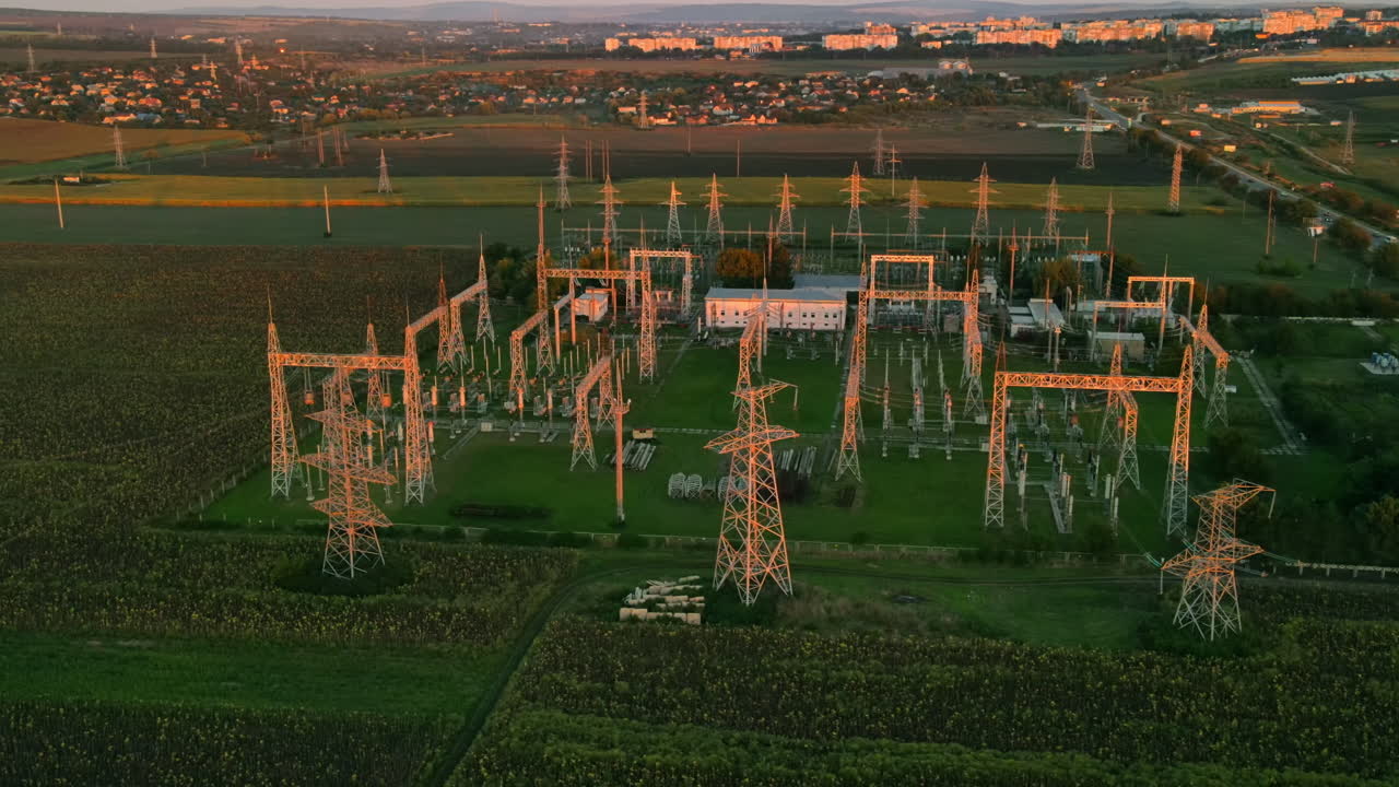 Aerial drone view of electric facility in Moldova at sunset. Road, fields around