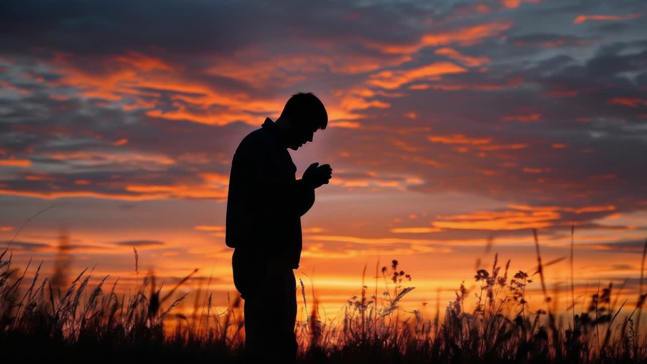 Silhouette of a young man praying with his head bowed and hands clasped in a field of tall grass at sunset, with a vibrant orange and red sky in the background