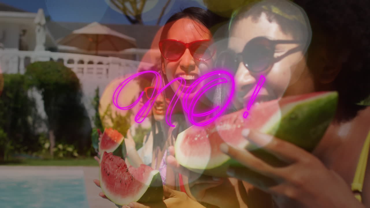 four women eating watermelon by pool, showing neon No text and health heart icon overlay