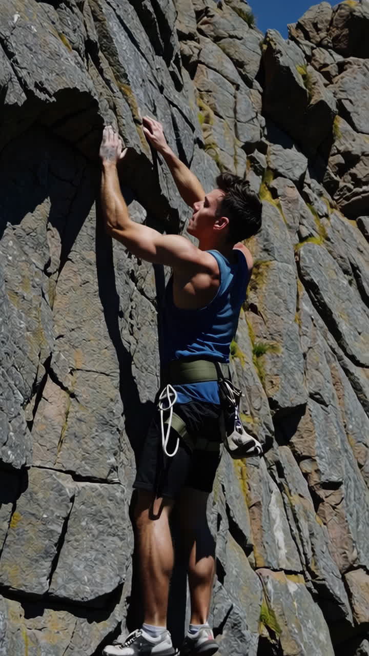 A Man Engaged in Rock Climbing on a Rocky Cliff