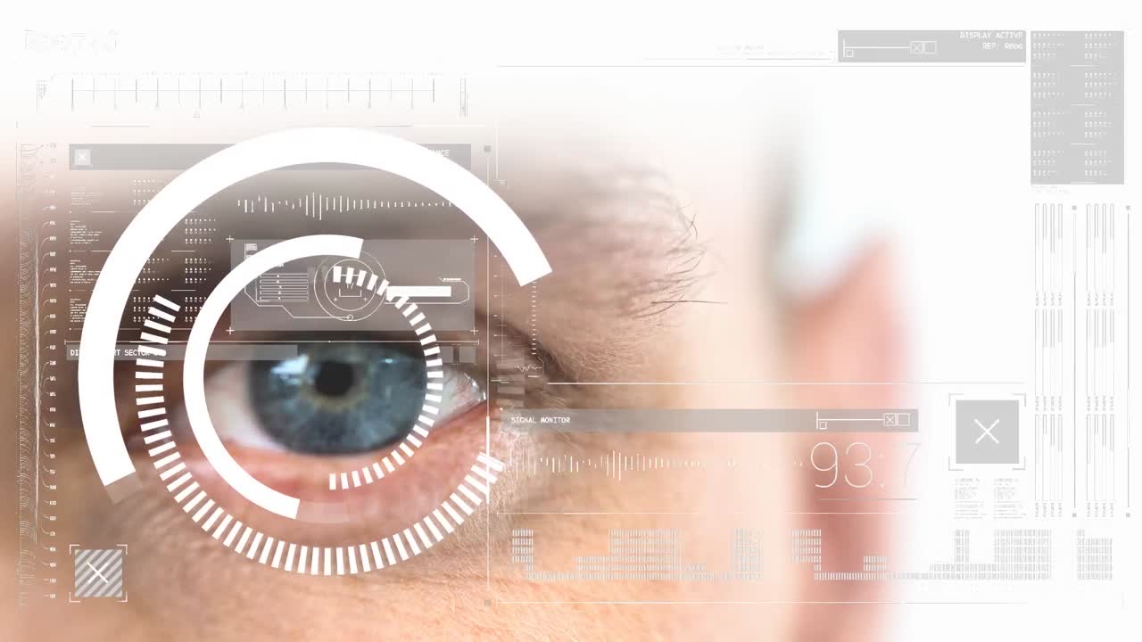Animation of data processing over caucasian man's blue eye